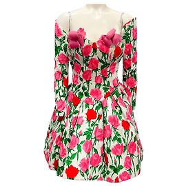 Vintage Mini Kleid Weiß / Rosa mit Blumenmuster und Ärmeln Christian Lacroix