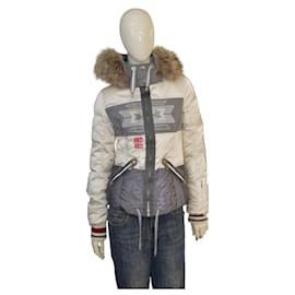 Chaqueta de esquí de plumas Bogner Fire + Ice XS Crema Gris con capucha de piel y cinturón, abrigo de invierno