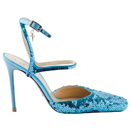 Stiletto blu con paillettes Cesare Paciotti con cinturino alla caviglia