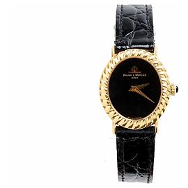 Baume & Mercier Relógio Mecânico Fundo Preto Anos 1970 Relógio Manual em Ouro Amarelo