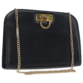 Bolso de hombro de cuero Gancini Chain de Salvatore Ferragamo, azul marino y dorado, auténtico 169051