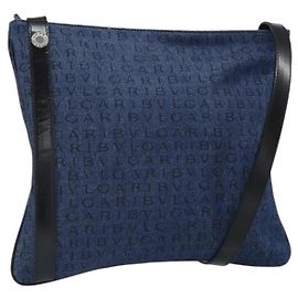 Bulgari Borsa a spalla BVLGARI Logo Mania in tela blu argento autentica 169505