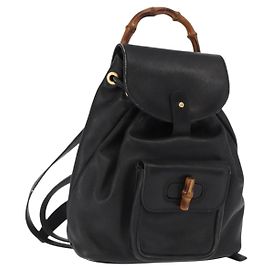 Mochila de Cuero Gucci Bamboo Negra Dorada 003 2058 0030 Auth gh1708