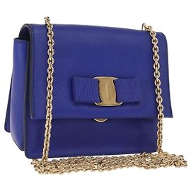 Borsa a Spalla Vala Chain in Pelle Blu Oro Auth 163452 di Salvatore Ferragamo