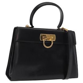 Borsa a mano in pelle Gancini Salvatore Ferragamo 2 in 1 Nero Oro Auth hk3364