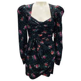 Schwarzes Mini-Kleid aus Seidenjacquard mit mehrfarbigem Rosenmuster und Schleife von Alessandra Rich