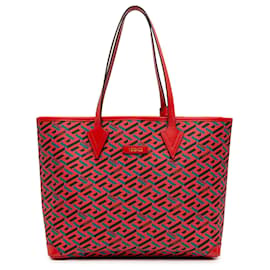 Borsa Tote La Greca in tela rivestita rossa di Versace