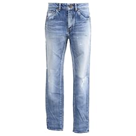 Saint Laurent Logo-Embroidered Slim Fit Jeans in Blue Cotton Denim