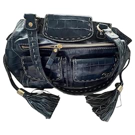 Borsa Lancel First Flirt in pelle blu effetto coccodrillo