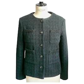 CHANEL UNIFORM Pequeña chaqueta de tweed negra y azul talla 38 EXCELENTE ESTADO