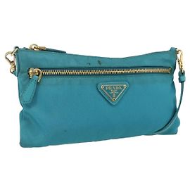 Borsa a Spalla PRADA Nylon Azzurro Chiaro Oro Auth 170291