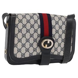 Borsa a Spalla Gucci GG Supreme Sherry Line PVC Navy Gold Auth ka2109