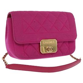 CHANEL Borsa a Spalla Matelassé Catena Cotone Rosa Oro CC Auth bs32986
