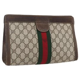 GUCCI GG Supreme Web Sherry Line Clutch Bag PVC Beige 67 014 2125 Auth ka2207