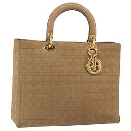 Christian Dior Borsa Lady Dior in nylon beige e oro Auth ep13008