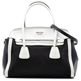Borsa a tracolla in tela bicolore nera con rifiniture in pelle Saffiano di Prada