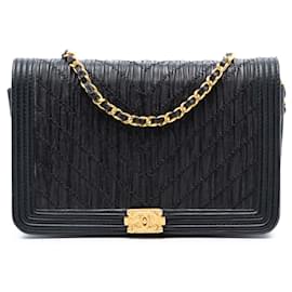 Chanel Schwarz Falten Crumpled Chevron Kalbsleder Le Boy Geldbörse mit Kette