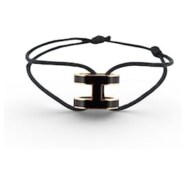 NEUF BRACELET HERMES PENDENTIF POP H LAQUE NOIR & PLAQUE OR CORDON BANGLE - Hermès