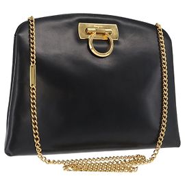 Salvatore Ferragamo Borsa a Spalla Gancini Chain in Pelle Nera Oro Auth 169084