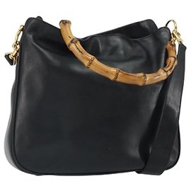Borsa a Spalla in Pelle Gucci Bamboo 2way Nera Oro 001 2113 1638 Auth ki6316