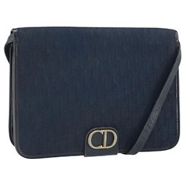 Bolso de Hombro de Lona Trotter Christian Dior Azul Marino Dorado Auth ka2125