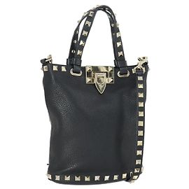Borsa a mano in pelle Valentino 2 in 1 Nero Oro Auth BA10121