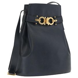 Borsa a Spalla Gancini in Pelle Salvatore Ferragamo Blu Navy Oro Auth 171376