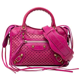 Balenciaga Pink Mini Lambskin Motocross Stadio Laser Cut Cross Classic City Satchel