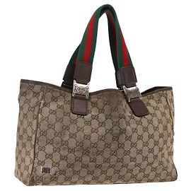 GUCCI GG Canvas Web Sherry Line Tote Bag Beige Silver Red 145758 Auth bs33193