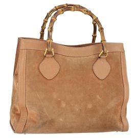 Borsa a mano in pelle scamosciata Gucci Bamboo marrone oro Auth 166728