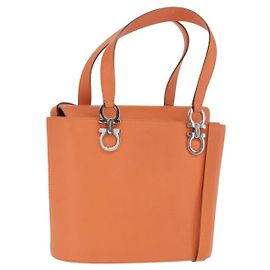 Borsa a mano in pelle Gancini Salvatore Ferragamo 2 in 1 Arancione Argento Auth BA10110