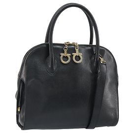 Borsa a Spalla Gancini in Pelle Salvatore Ferragamo 2 in 1 Nero Oro Auth 149910