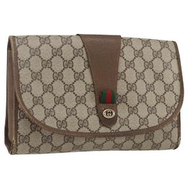 GUCCI GG Supreme Web Sherry Line Clutch Bag PVC Beige Oro 89 01 030 Auth 170517