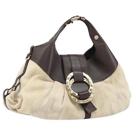Bulgari Borsa a mano BVLGARI in tela beige e oro Auth 169090