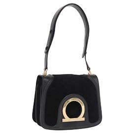 Borsa a Spalla Gancini in Pelle Scamosciata Nera e Oro Salvatore Ferragamo Auth 149888V