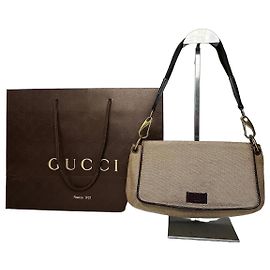 Vintage Gucci Baumwoll-Leder-Handtasche beige und braun