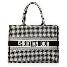 Borsa Tote Dior Nera Media in Tela Houndstooth Ricamata
