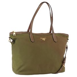 Borsa Tote PRADA in nylon pelle khaki oro Auth ti3738