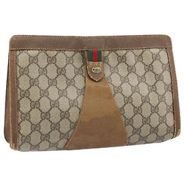 GUCCI GG Supreme Web Sherry Line Clutch Bag PVC Beige Oro 89 01 033 Auth ti3684
