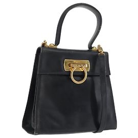 Salvatore Ferragamo Gancini Hand Bag Leather 2way Navy Gold Auth 169755