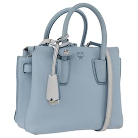 MCM Hand Bag Leather 2way Light Blue Silver Auth BA10842V