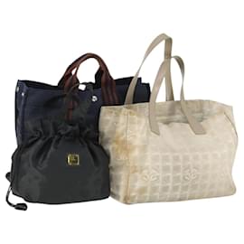 Sac fourre-tout MCM Chanel Hermes en toile 3 pièces Beige Noir Marine Auth BA10583
