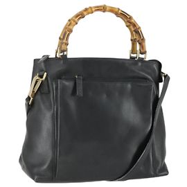 Bolso de mano de cuero Gucci Bamboo 2way Negro Dorado 002 3754 0508 Auth 166633
