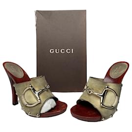 Vintage Gucci Wildleder Holz-Pumps mit Pferdebit grau braun EU35