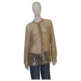 NWT Alberta Ferretti Blusa Transparente de Seda Embellecida con Lentejuelas Nude Top de Noche IT 44