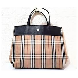 Borsa tote Burberry in pelle nera e tela a quadri