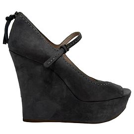 Miu Miu Wedge Peep-Toe Mary Jane Pumps aus grauem Wildleder