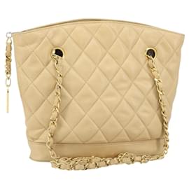 Bolsa de ombro matelassê em couro CHANEL com corrente bege dourada CC Auth 169546