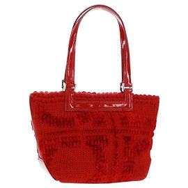 Borsa a mano Salvatore Ferragamo in cotone rosso argento Auth BA10481V