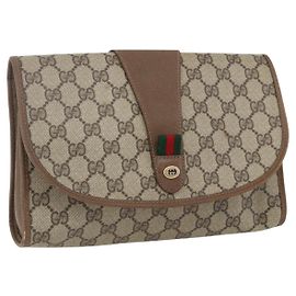 GUCCI GG Supreme Web Sherry Line Clutch Bag PVC Beige Oro 89 01 030 Auth ti3683